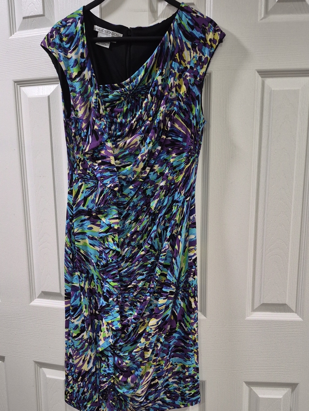 Maggy London Abstract Cap-Sleeve Midi Dress in Purple, Blue & Green
